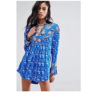 Free People Blue Wildflower Fields Oversized Tunic Shirt Top Boho Flowy